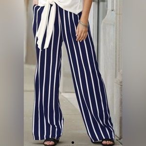 Wide Leg Striped Pants - Navy & White